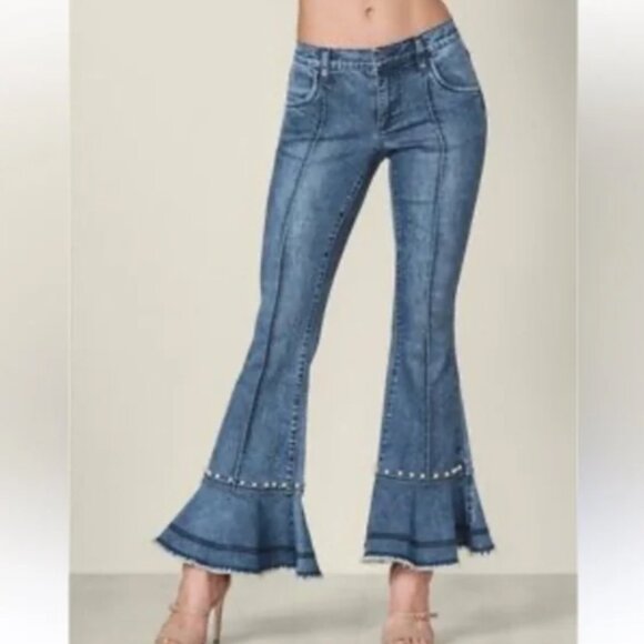 Flare Jeans Pearl Detailing Raw Hem Black Gray Boho Hippie Festival Wide Leg 6 - Picture 1 of 15